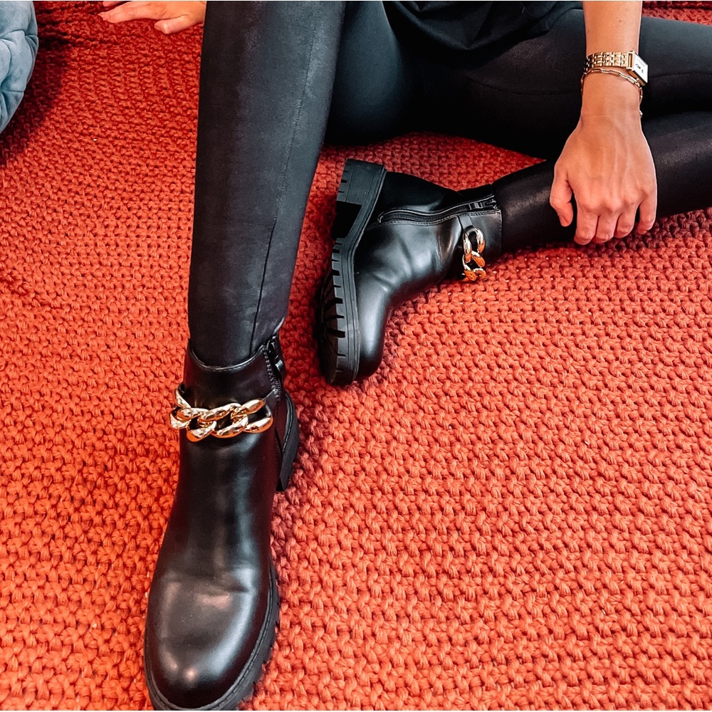 Faux leather gold chain moto boots in black - zip up